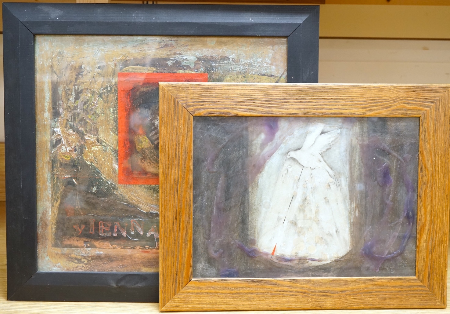 Two abstract compositions to include a dove, indistinctly initialled and dated '95, mixed media and oils, largest 33 x 34cm